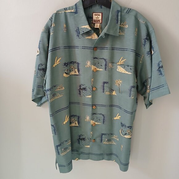 Tommy Bahama Men's 100% Silk Hawaiian Shirt Size Large Beach Palm Trees Green‎ - Picture 1 of 14